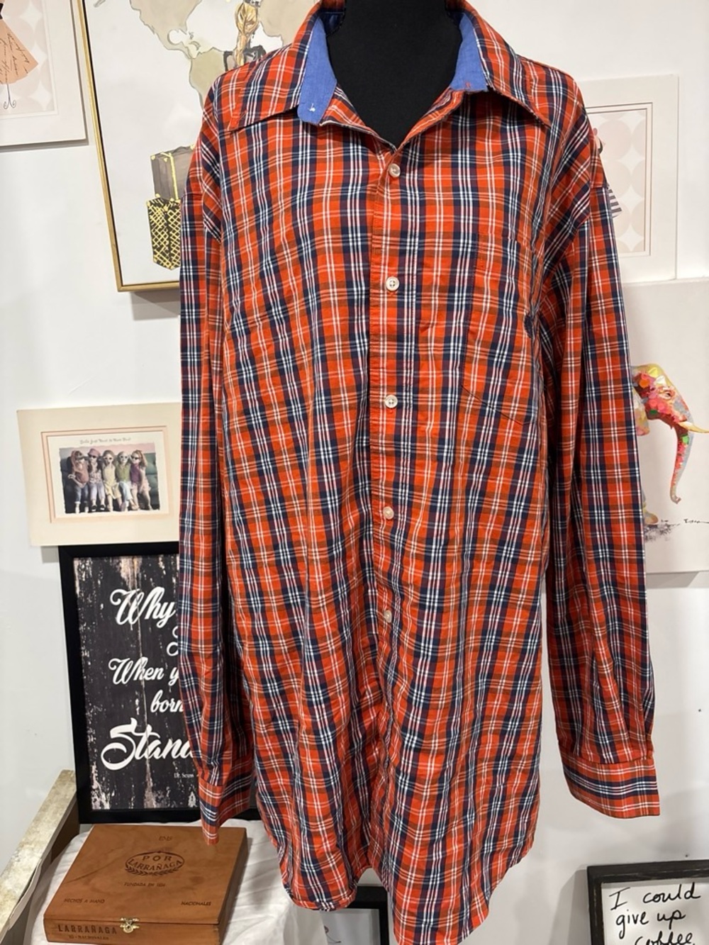 Chaps Orange and Blue Plaid Button-Down Shirt